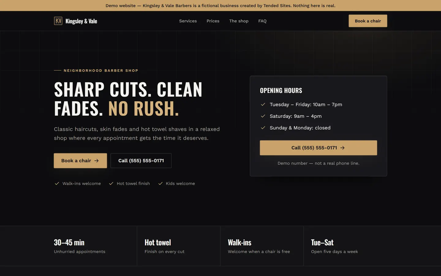 Homepage of the Kingsley & Vale barber shop example website