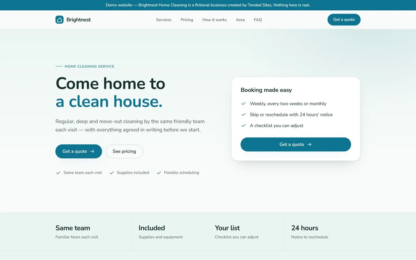 Homepage of the Brightnest home cleaning example website
