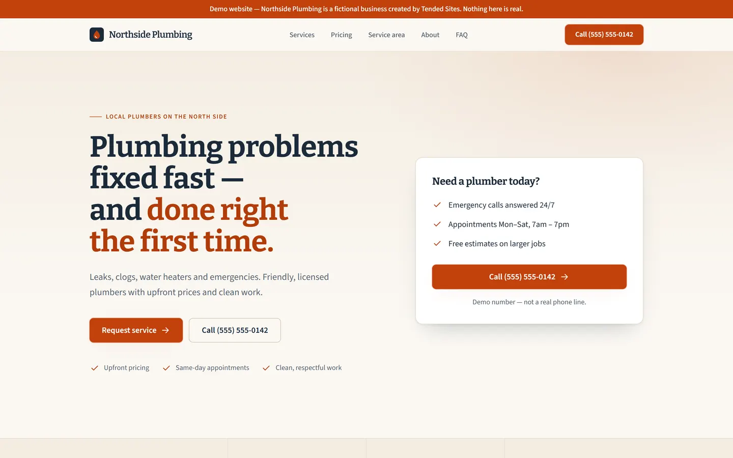 Homepage of the Northside Plumbing example website